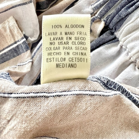 Everly Sz Medium Off The Shoulder Crop Top Blouse Blue and Tan, Puffy Sleeves - Picture 10 of 13